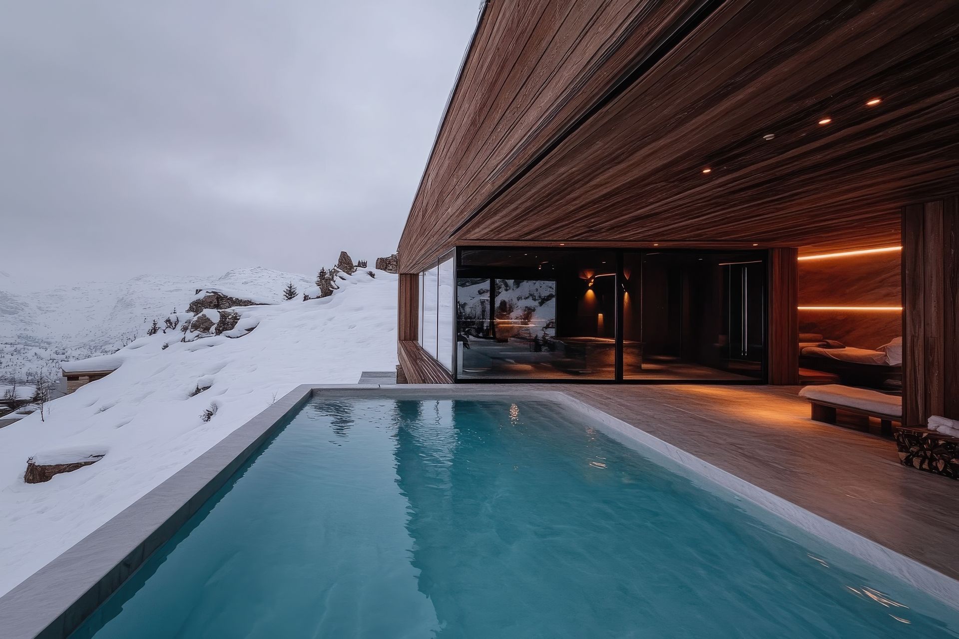 Outdoor pool and spa with snowy mountain backdrop.