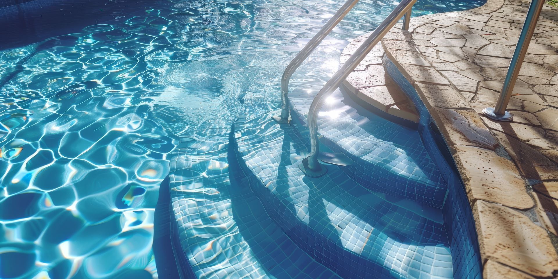 Pool with ladder, sunlit water, and stone border.