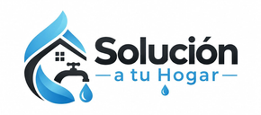 Logotipo de «Solución a tu Hogar» con una gota de agua, una llave y un techo en azul y negro