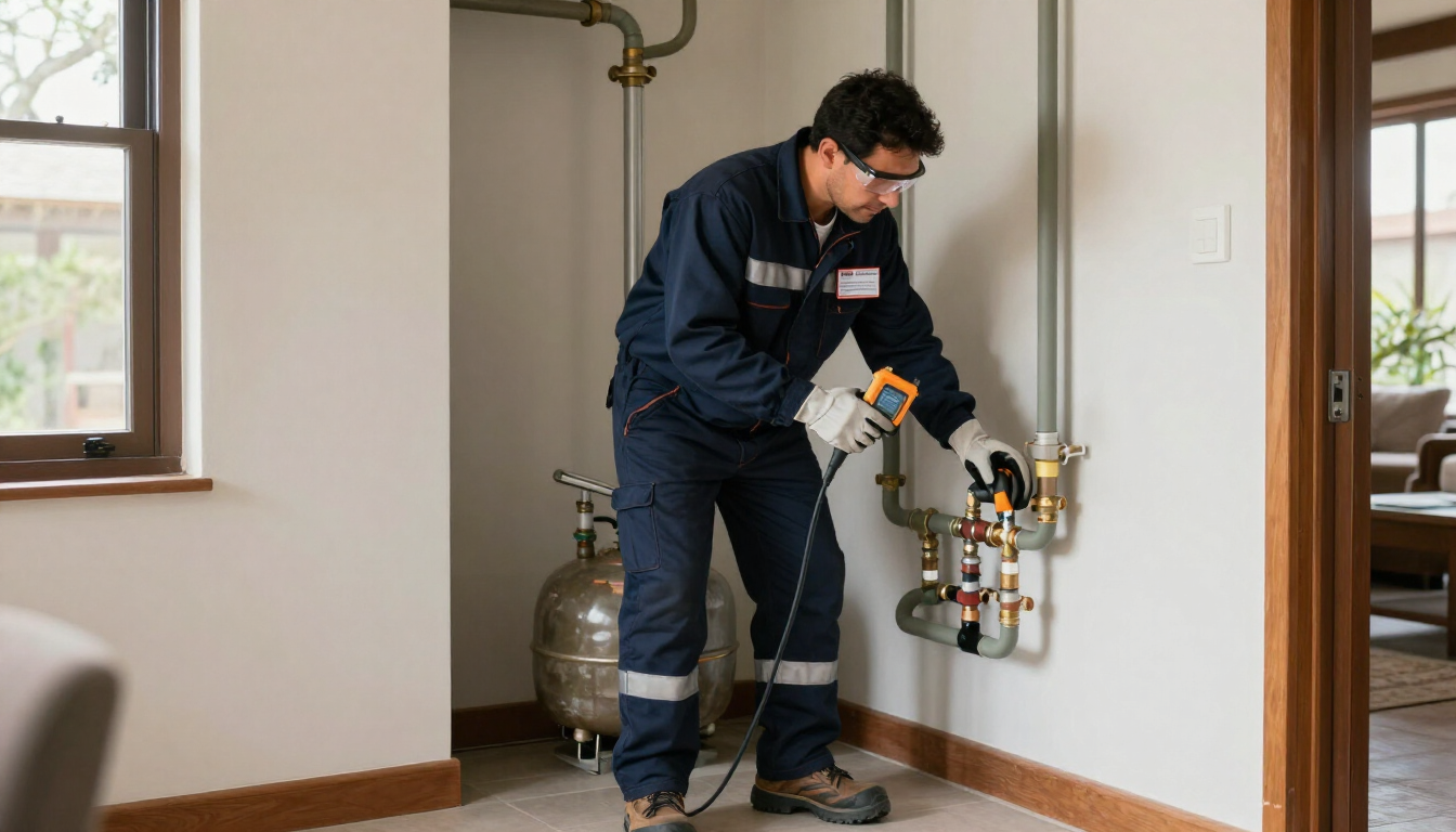 Técnico inspeccionando un medidor de gas montado en la pared y las tuberías de una sala de servicio doméstica