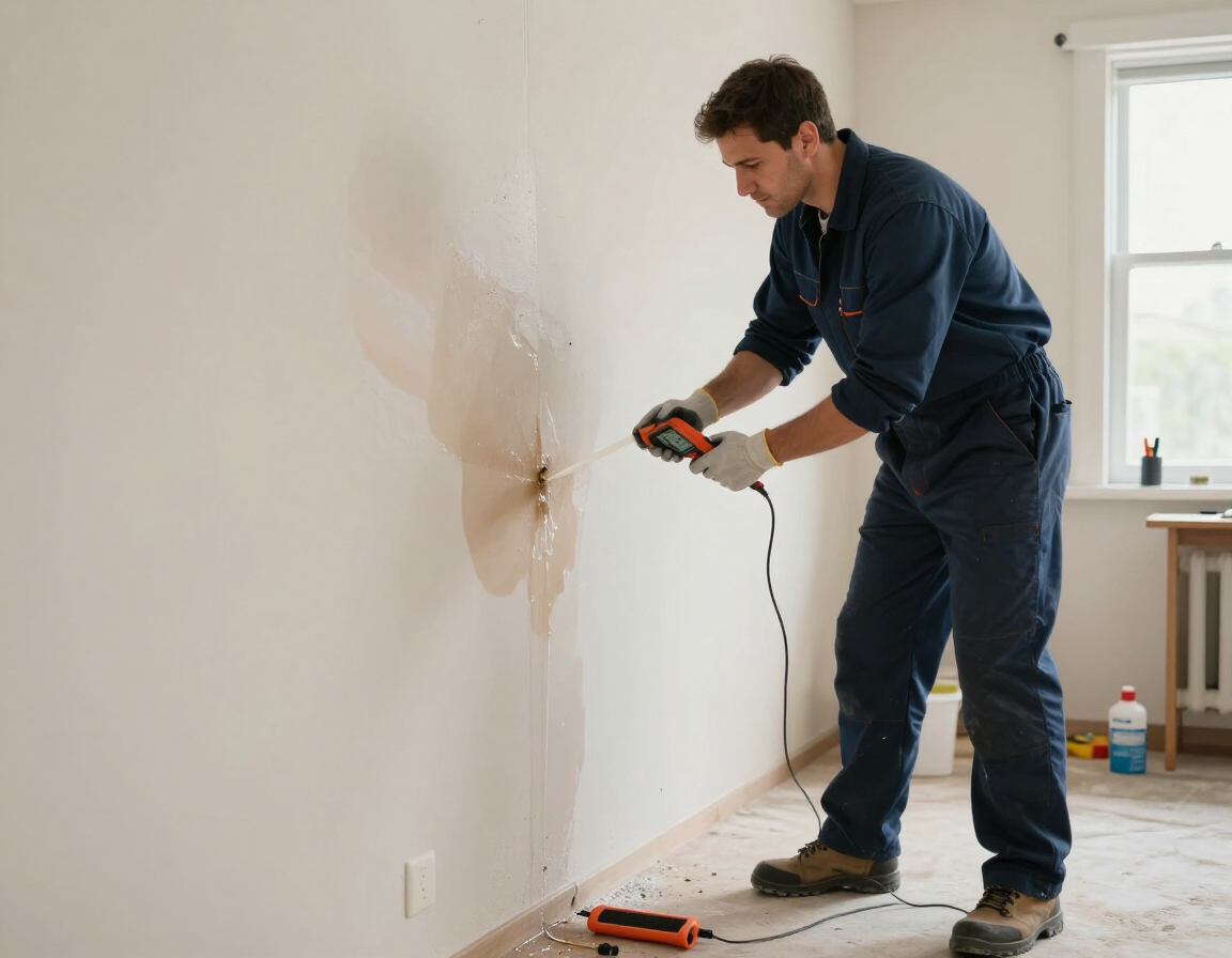 Un trabajador utiliza un taladro eléctrico para reparar una pared blanca 