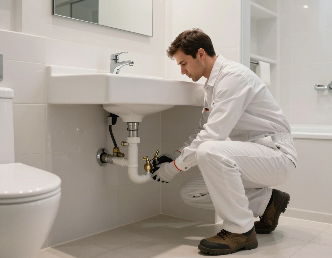Un fontanero agachado debajo de un lavabo blanco, reparando las tuberías a la vista con una llave inglesa.