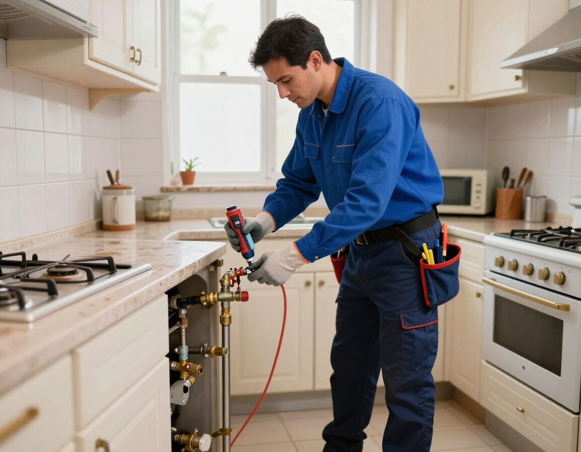 Técnico reparando un aparato de gas con herramientas en una cocina luminosa
