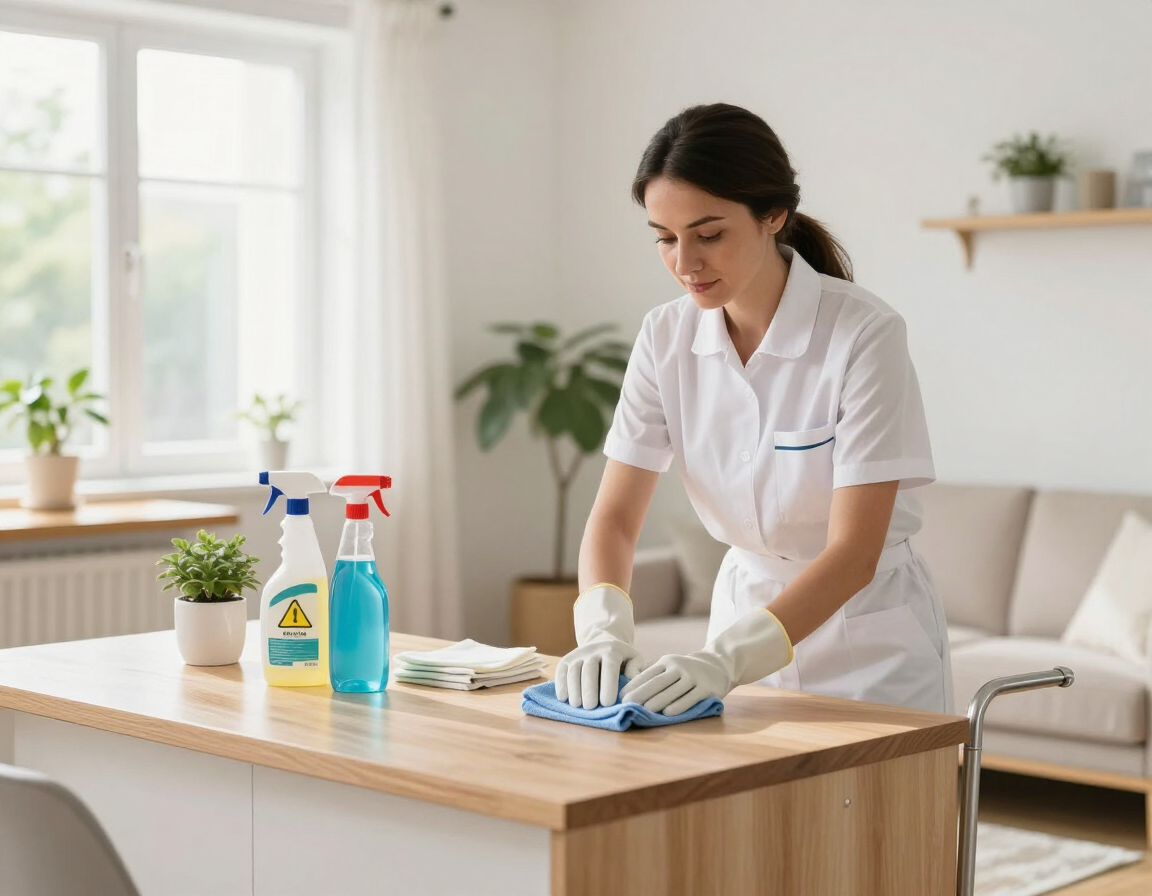 Una persona de limpieza limpia una encimera de cocina con productos de limpieza