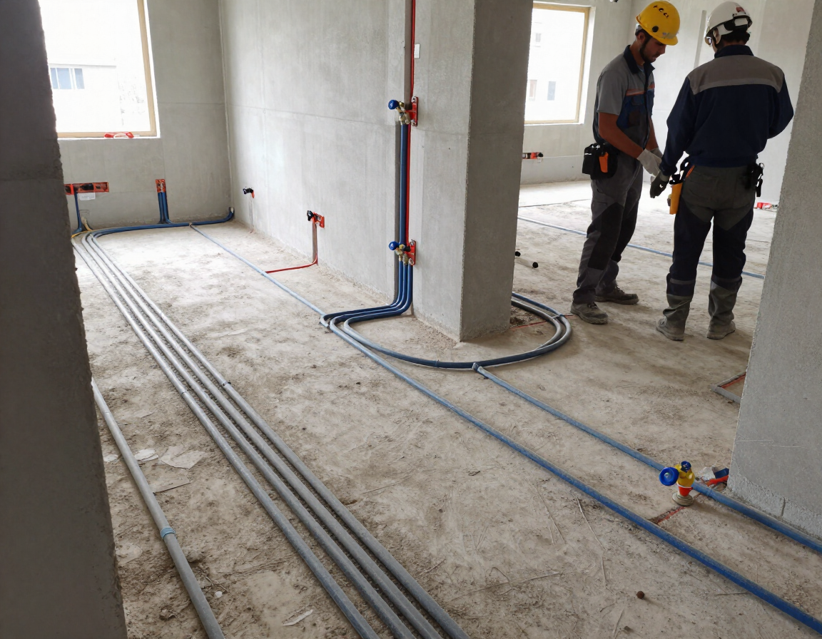 Trabajadores con cascos inspeccionan tuberías en una habitación de hormigón sin terminar.