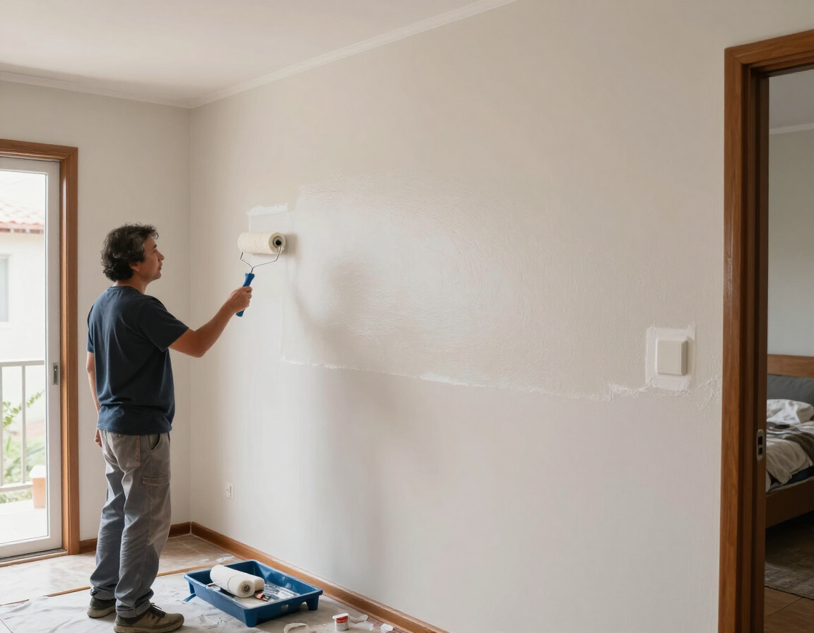 Una persona pinta una pared blanca en una habitación casi vacía