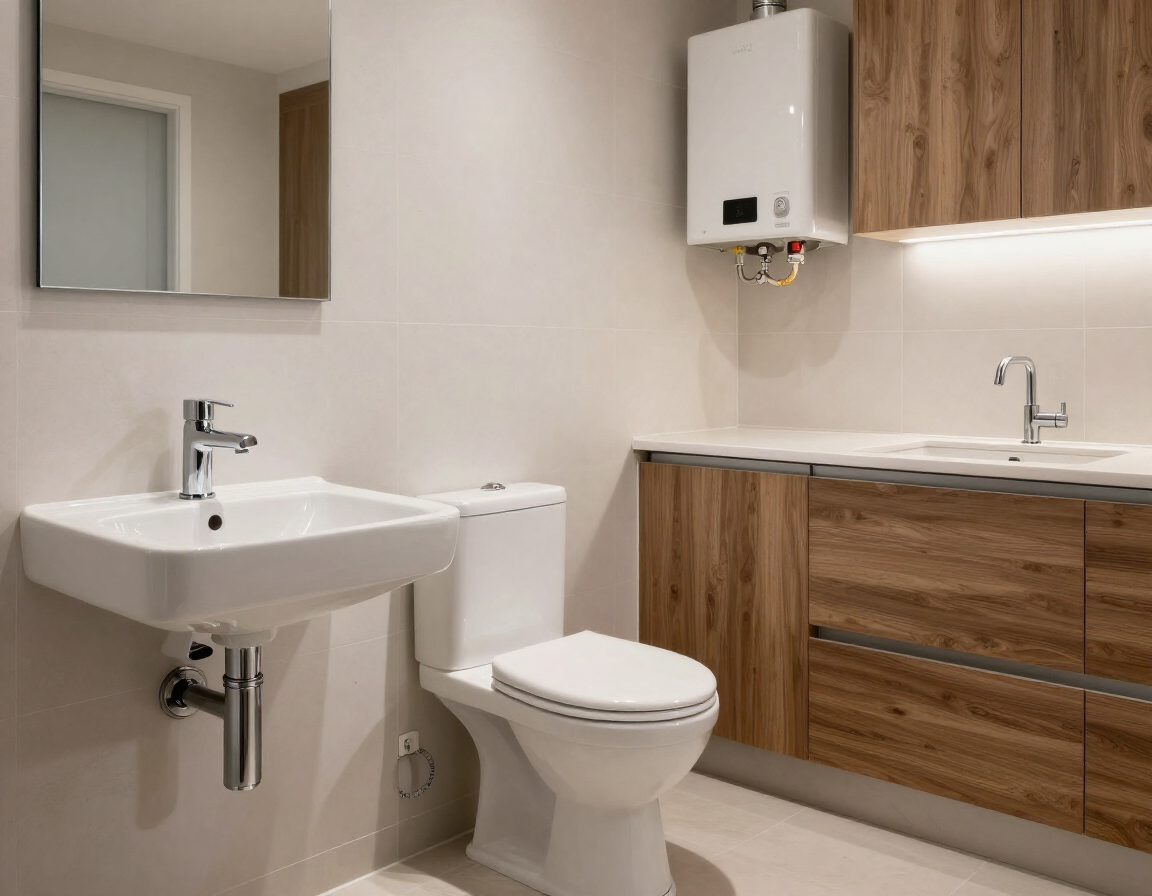 Baño moderno con lavabo suspendido, inodoro, armarios de madera y espejo.