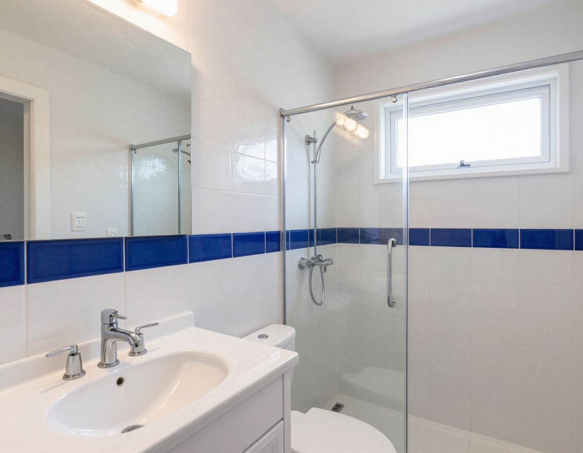 Baño luminoso con lavabo blanco, espejo, ducha de cristal y azulejos azules decorativos junto a una ventana