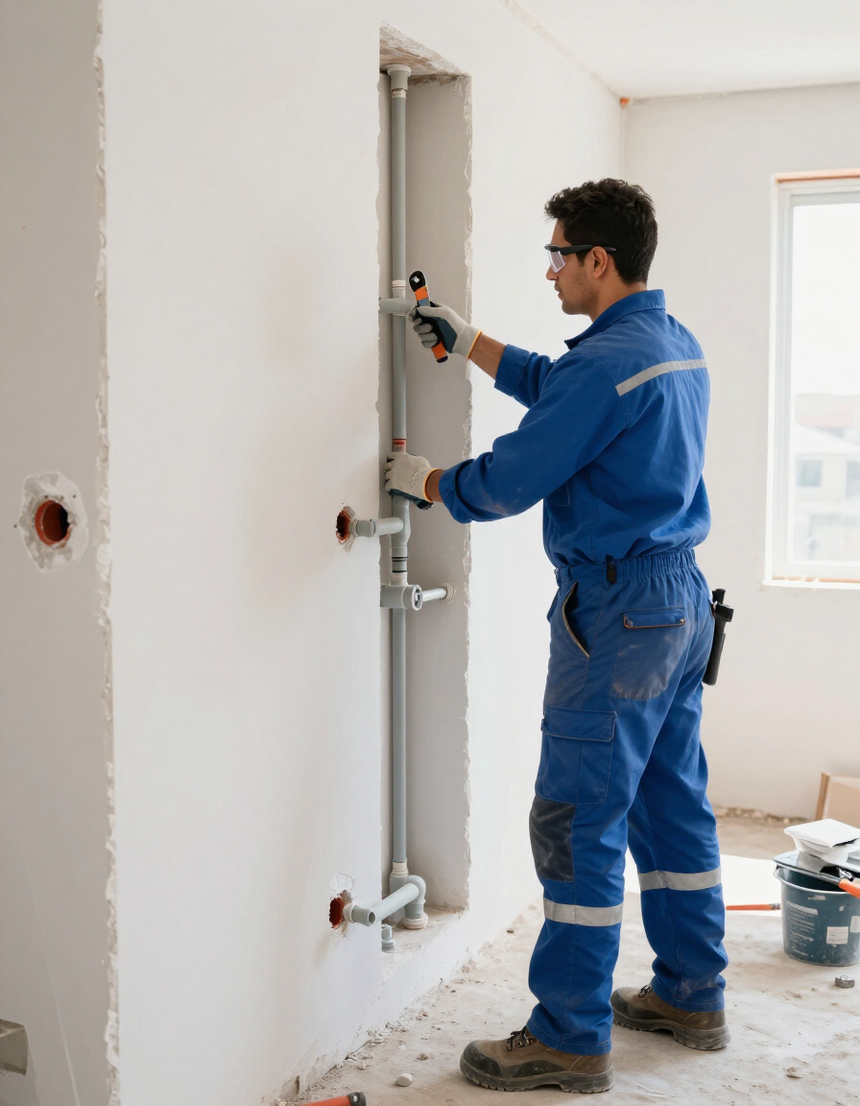 Trabajador con overol azul instalando paneles de yeso en una habitación sin terminar.
