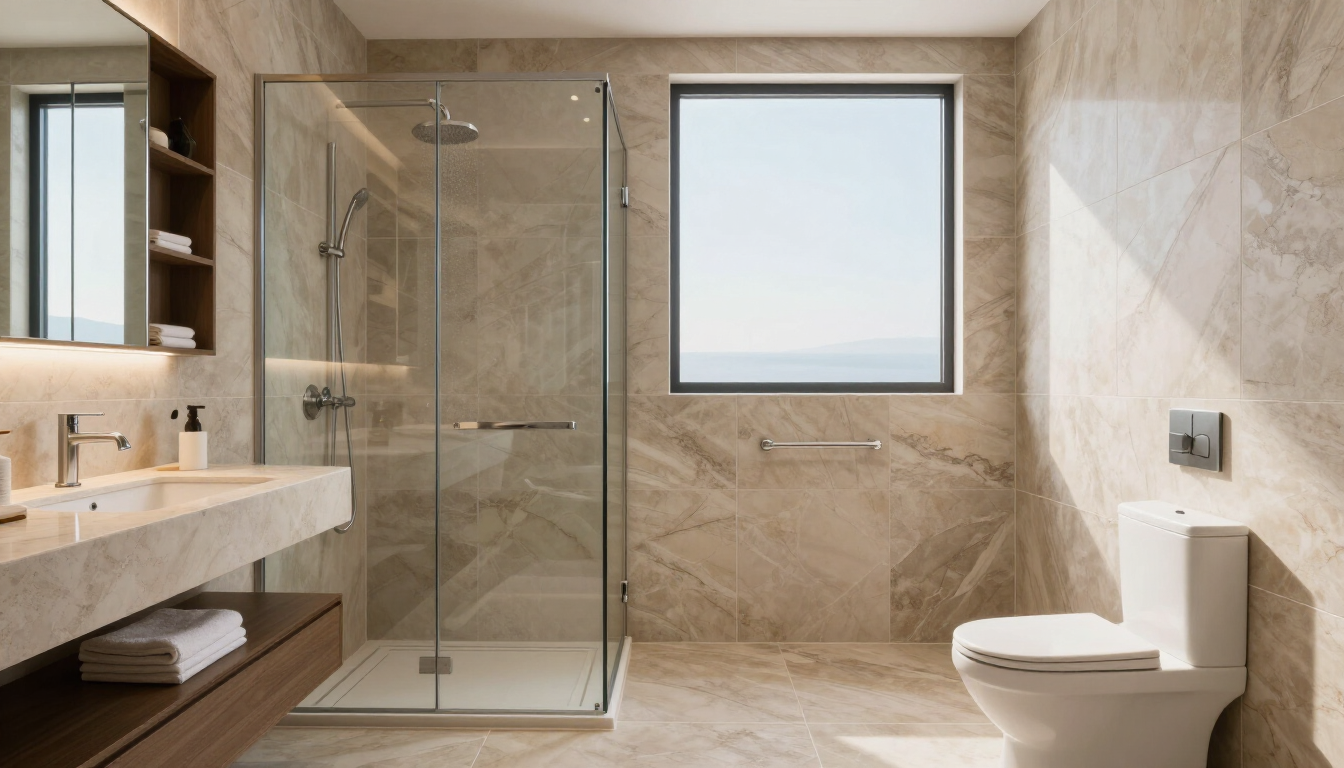 Baño moderno en tonos beige con ducha de cristal, lavabo con mueble, ventana e inodoro blanco