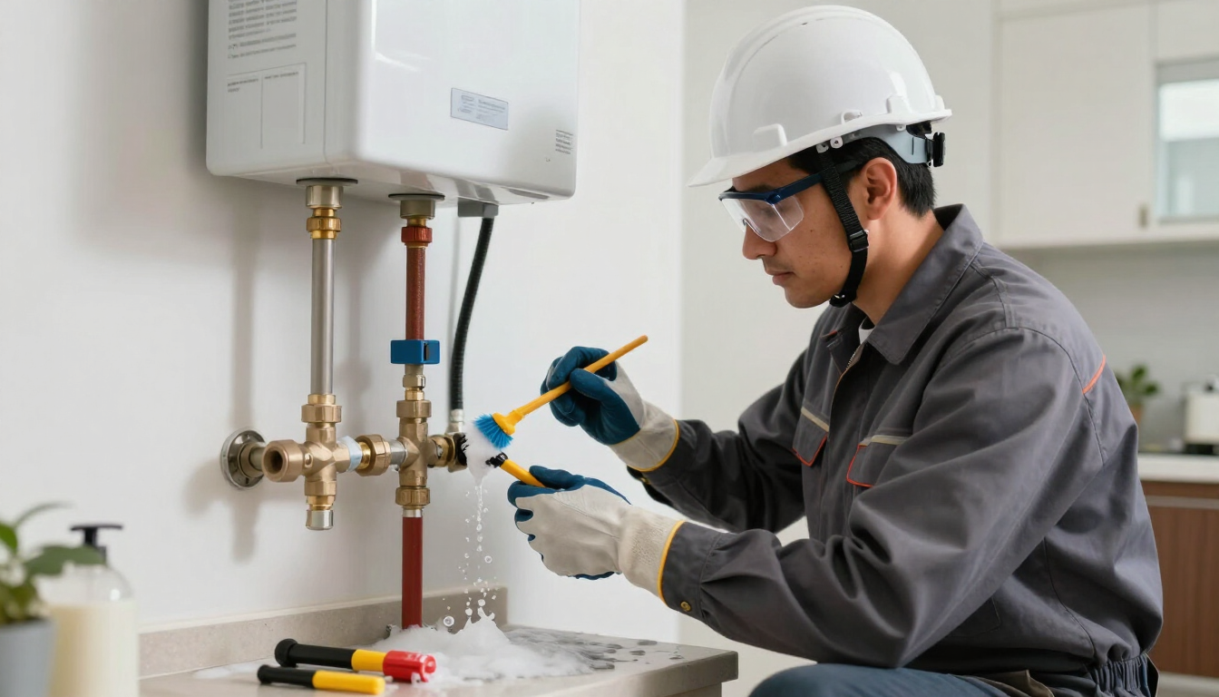 Técnico reparando las tuberías del baño debajo del lavabo, con casco y guantes