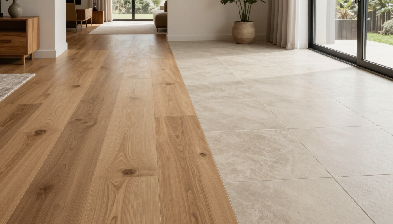 Sala de estar moderna con madera clara y suelo beige, grandes ventanales y plantas en macetas