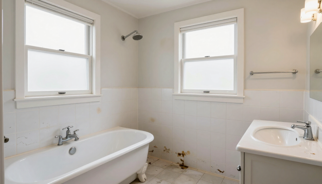 Baño pequeño y blanco con bañera, lavabo y dos ventanas.