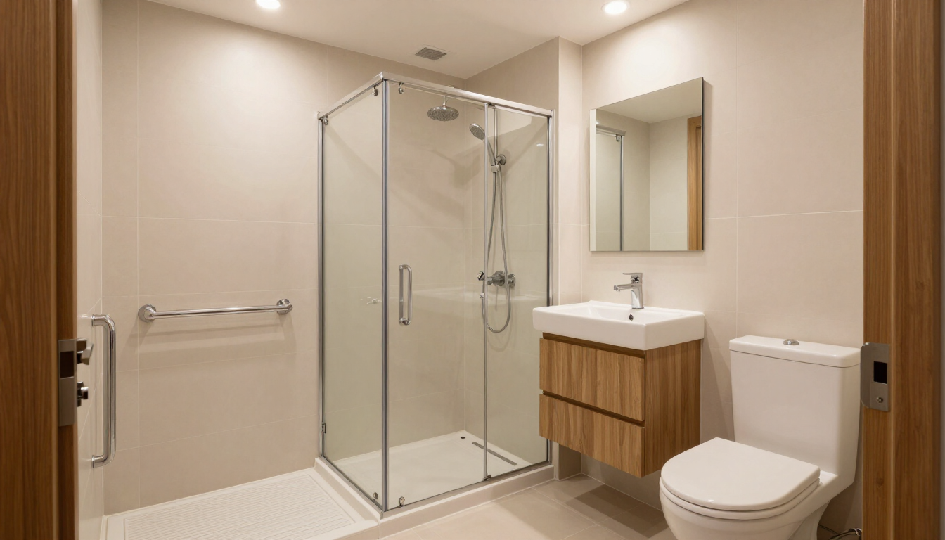 Baño moderno en tonos beige, con ducha de cristal, mueble de lavabo, espejo, inodoro y toallero