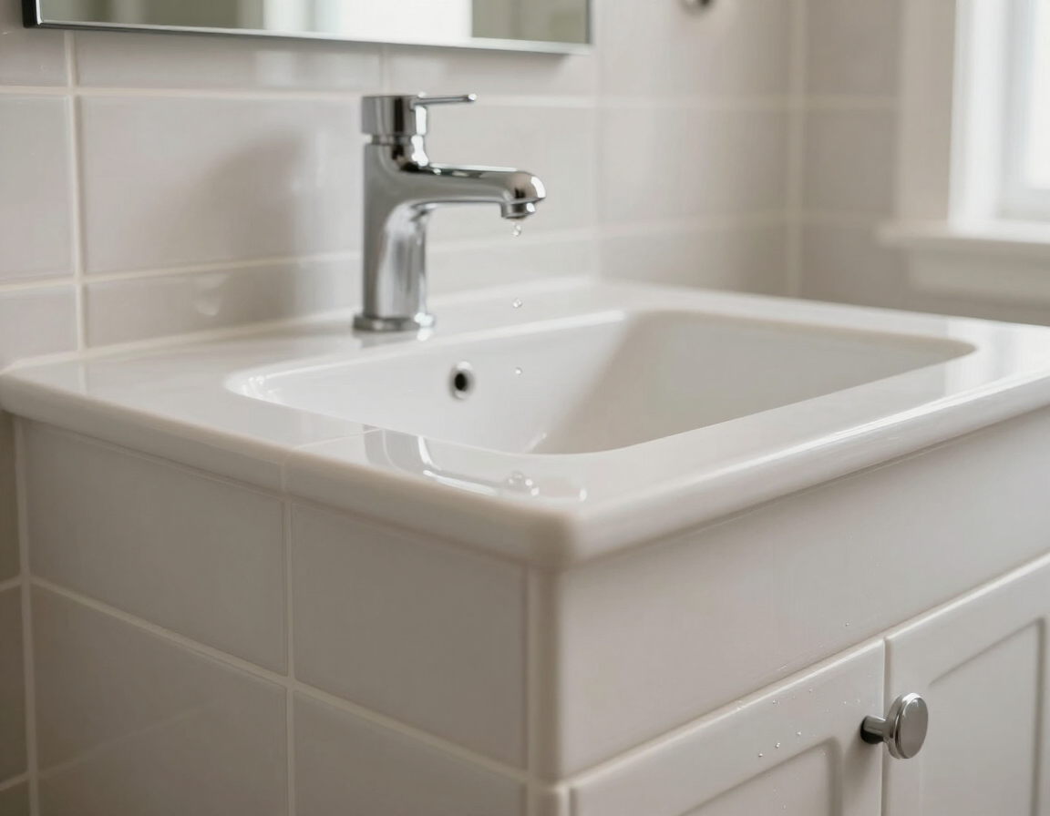 Lavabo blanco de baño con grifo cromado sobre una encimera de azulejos a modo de tocador