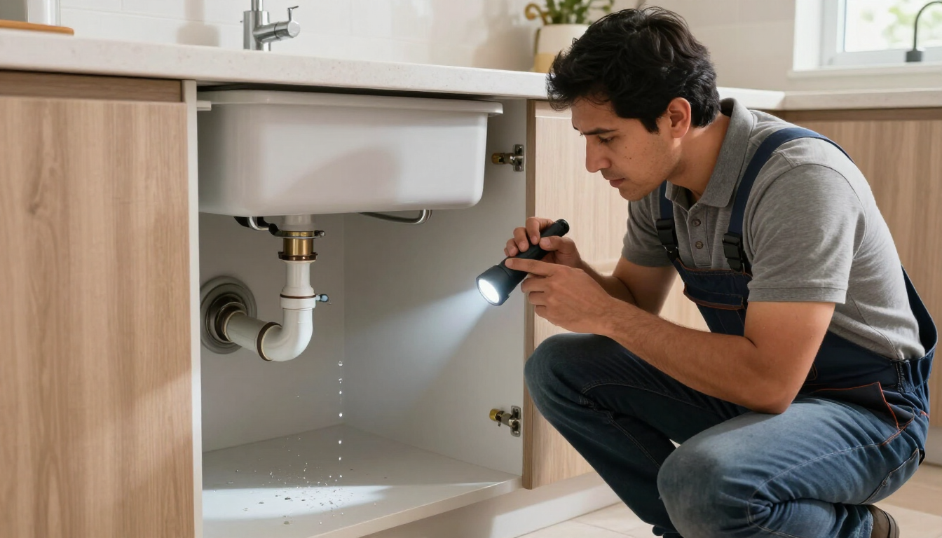 Persona inspeccionando las tuberías debajo del fregadero con una linterna en un mueble de baño o cocina