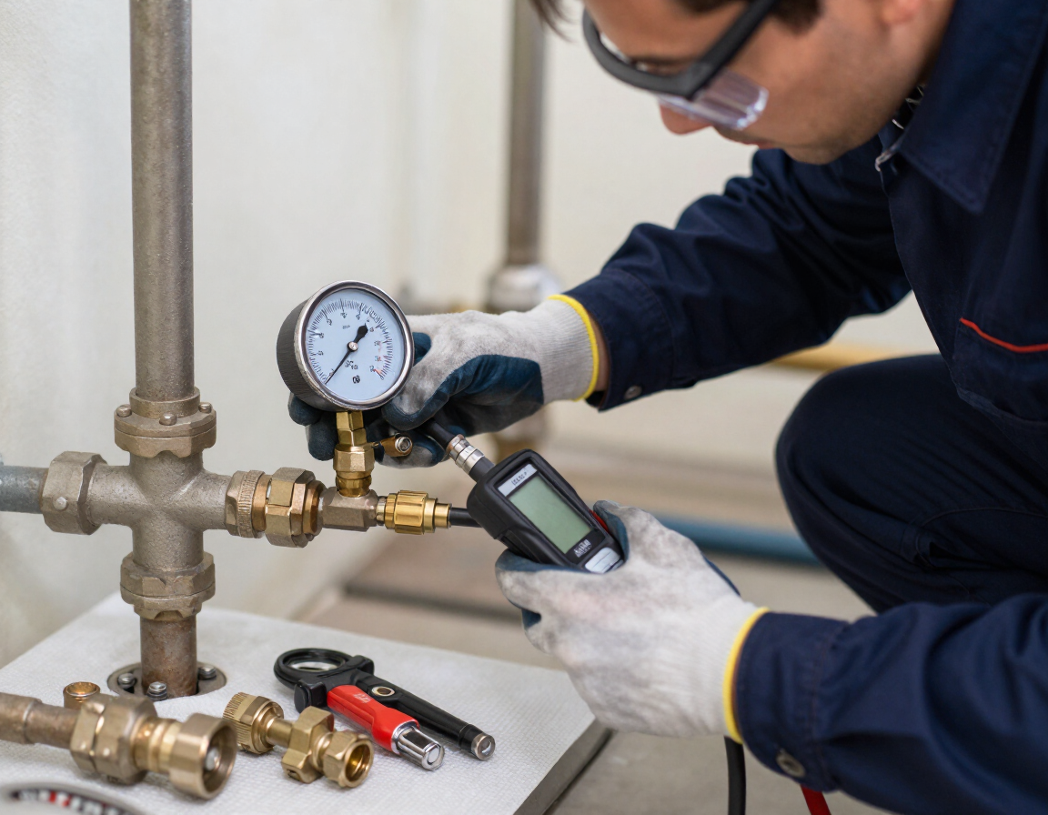 Técnico utilizando un manómetro y un dispositivo portátil para inspeccionar un conjunto de válvula