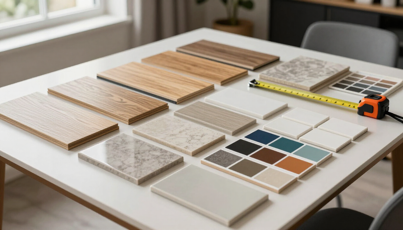 Muestras de suelos y azulejos dispuestas sobre una mesa, junto a una paleta de colores y una cinta métrica