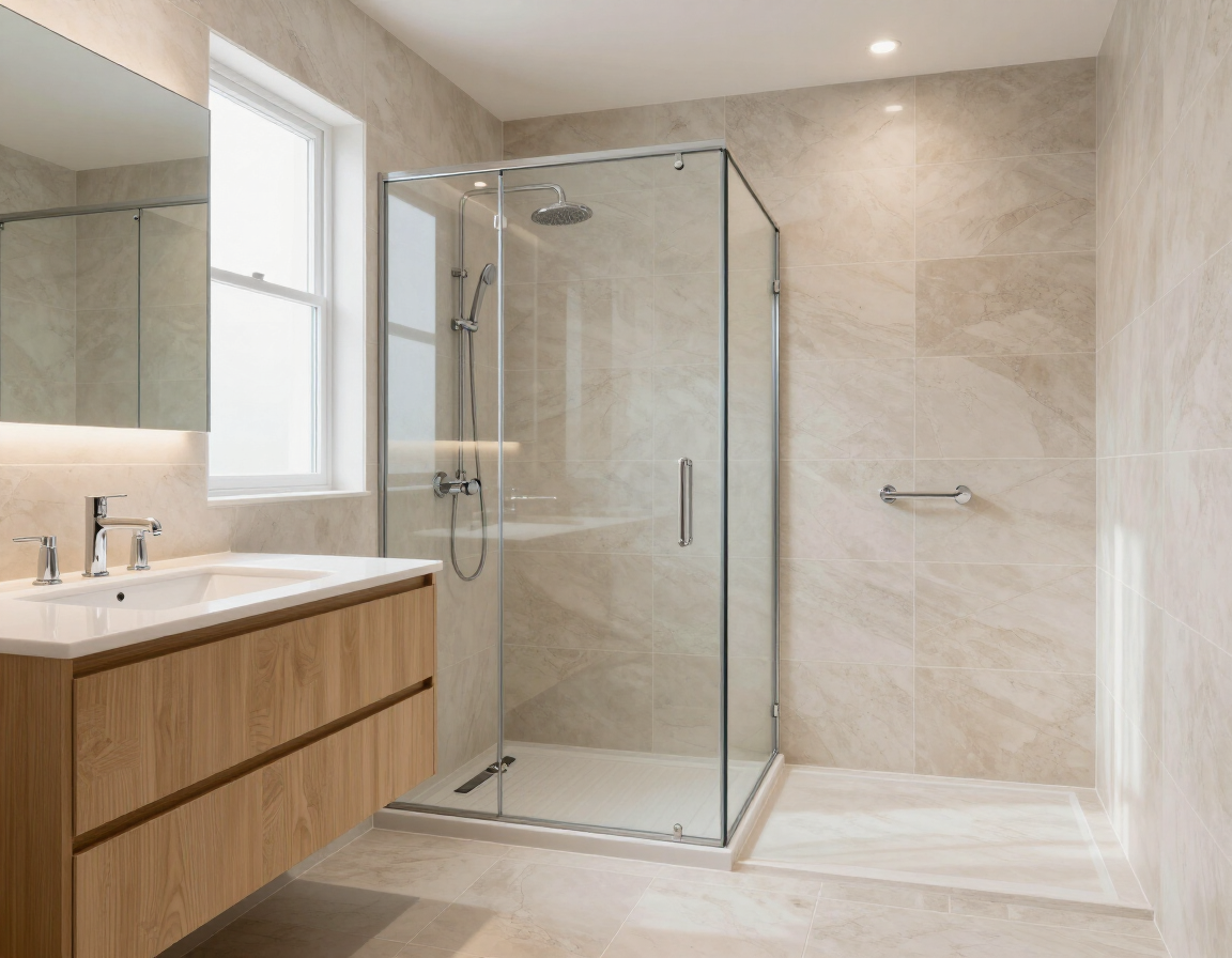 Baño moderno con ducha de vidrio, mueble de madera, lavabo blanco y paredes revestidas de azulejos beige