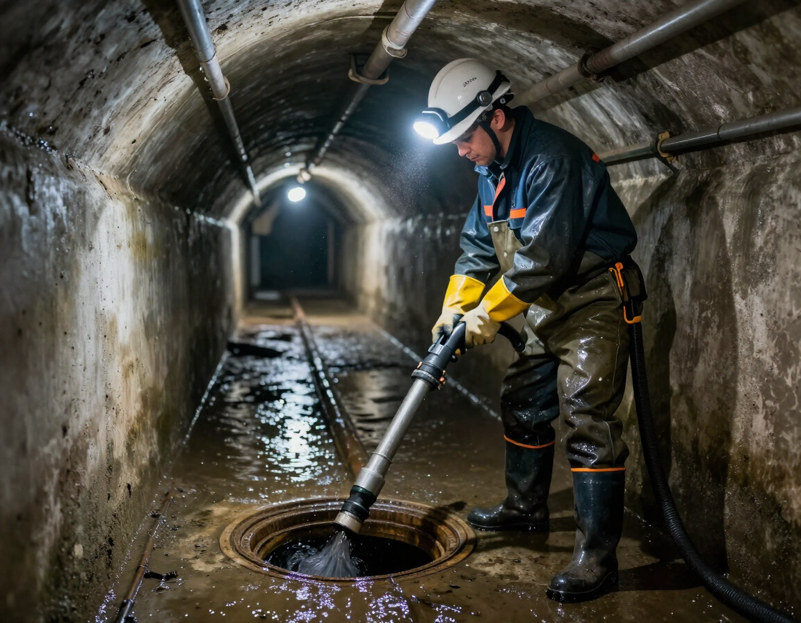 Un trabajador con casco y guantes limpia un túnel de alcantarillado con una manguera de aspiración