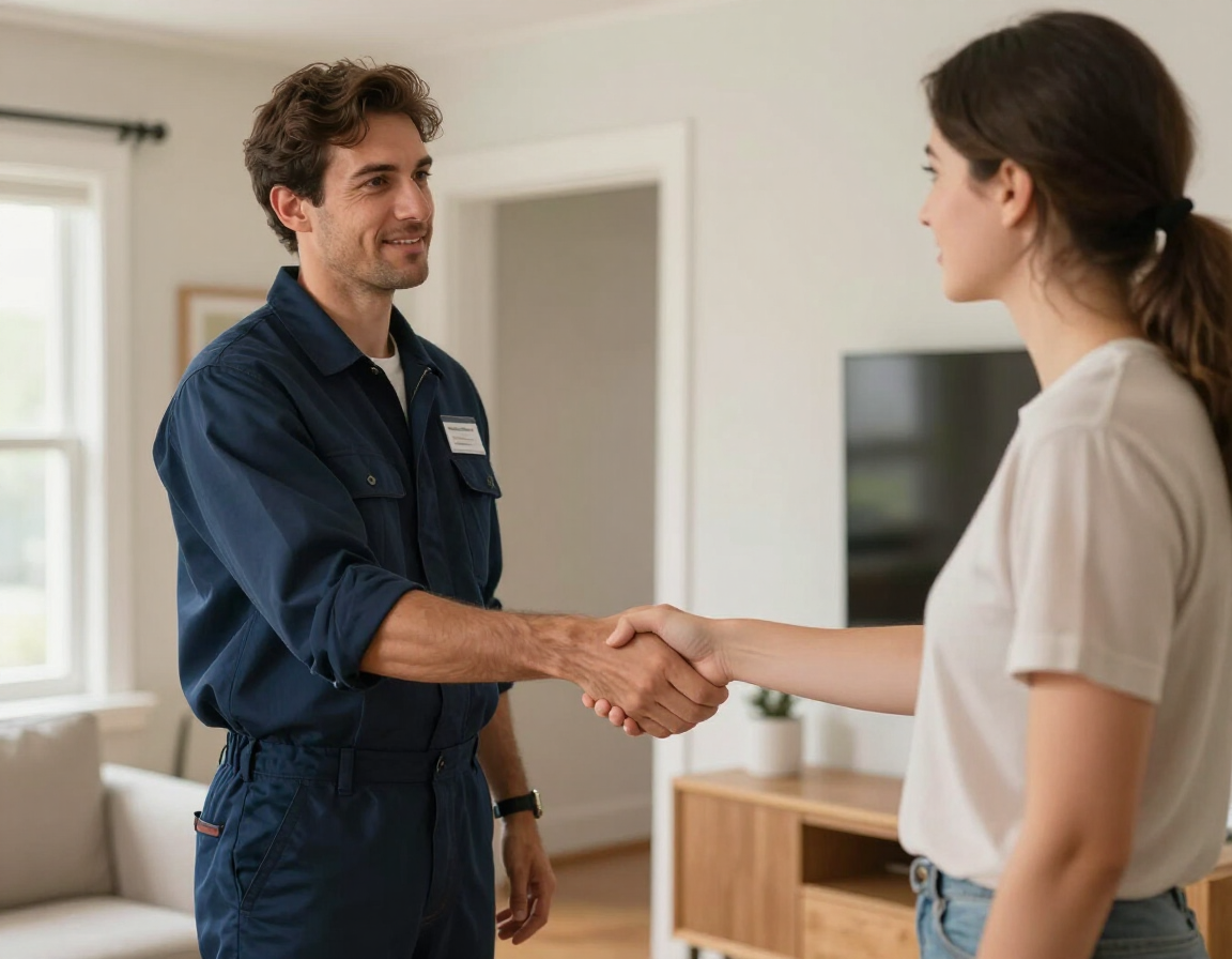 Dos personas estrechándose la mano en una sala de estar luminosa; una de ellas lleva una camisa de trabajo azul