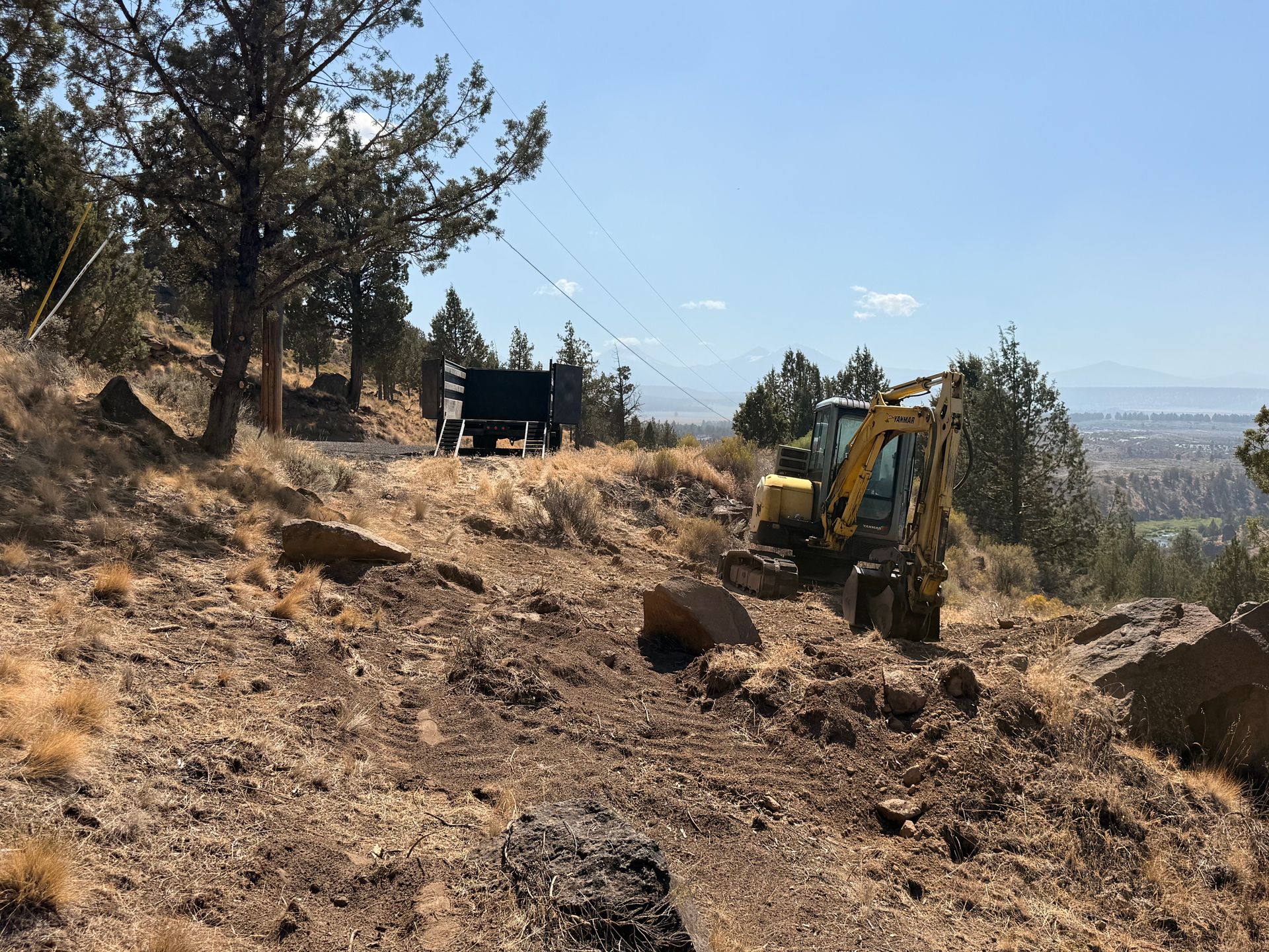 Small excavator clearing a dry hillside beside trees, with a truck in the background.