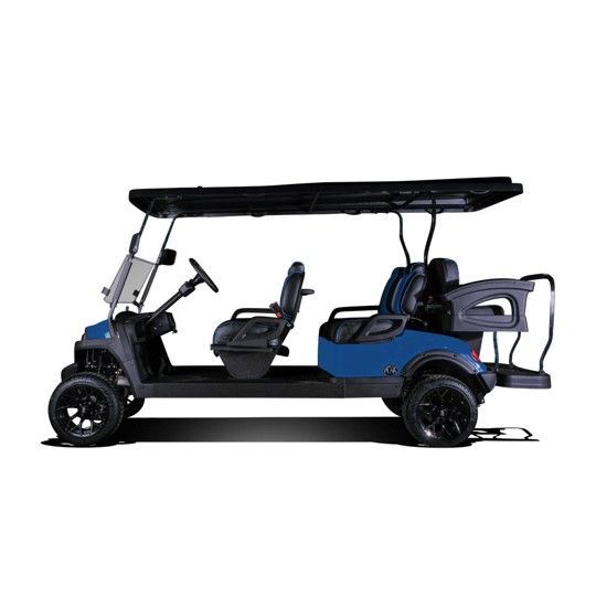 A blue and black golf cart on a white background.