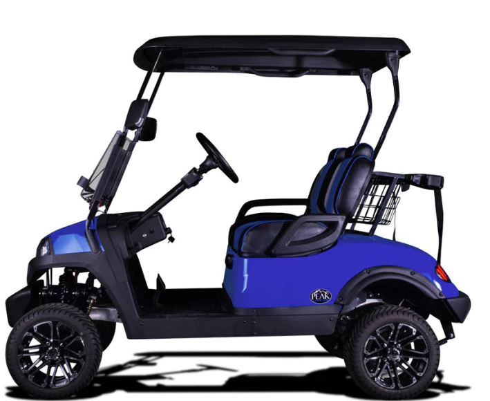 A blue golf cart with black seats and a black roof on a white background.