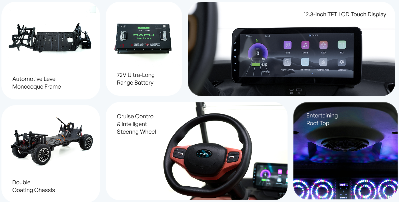 DACH golf cart features touch screen frame battery