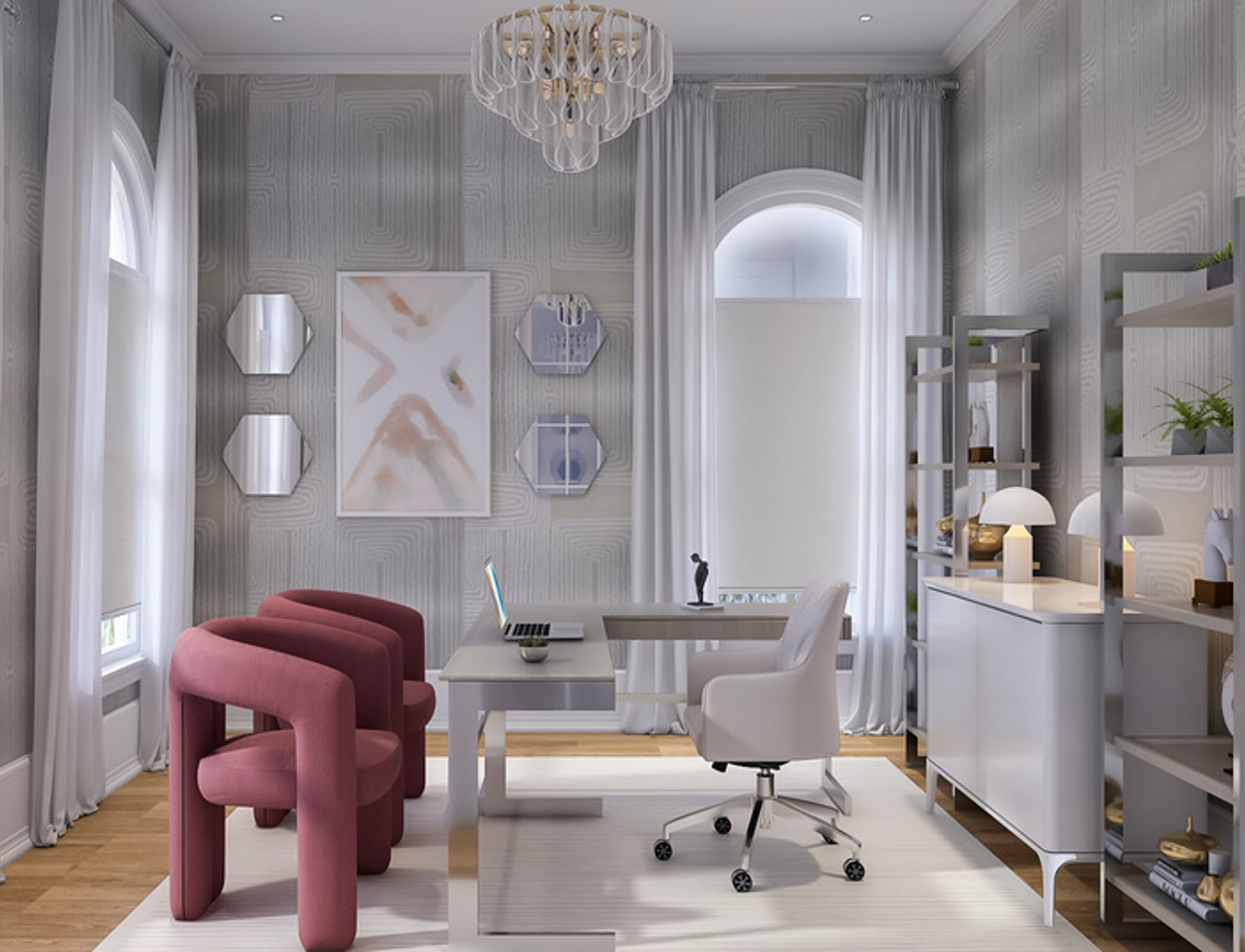 Modern home office with pink chairs, white desk, arched window, and chandelier