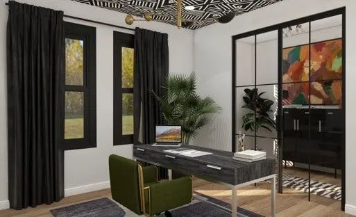 Modern office with black curtains, green chairs, desk, plants, and colorful wall art in a glass-walled room