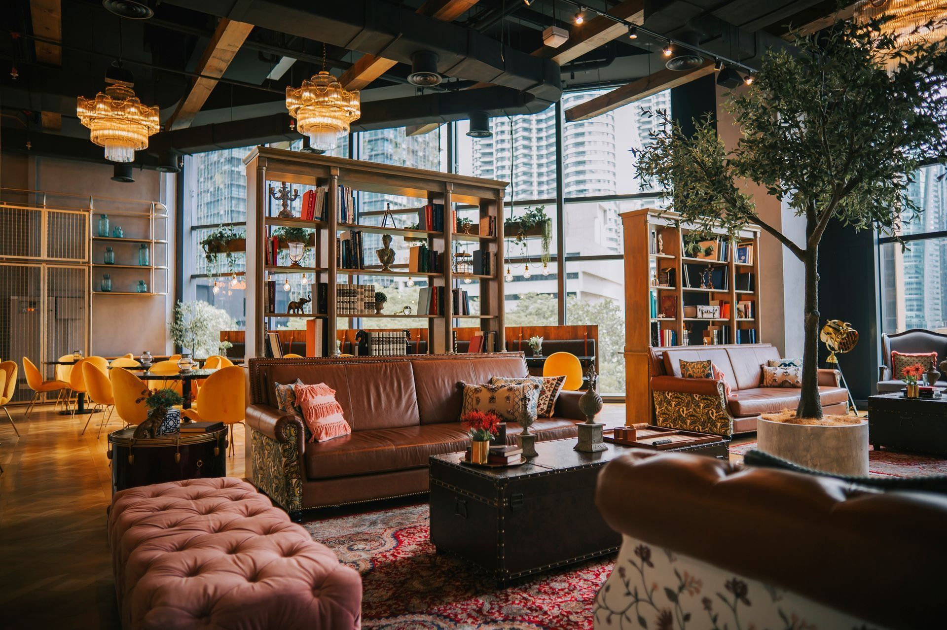 Cozy living room with leather sofas, bookshelves, warm lights, and a large window behind a tree