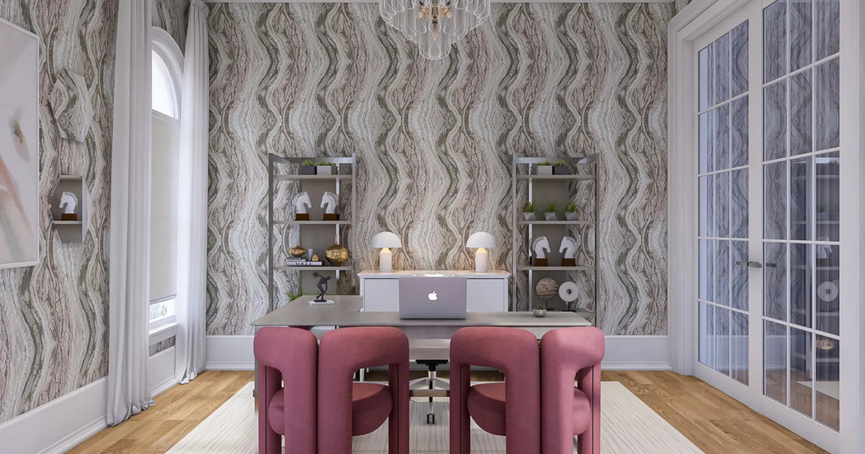 Modern dining room with patterned wallpaper, pink chairs, wood floors, and a laptop on the table