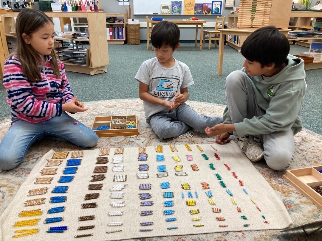 Children working with the Montessori math beads. 
