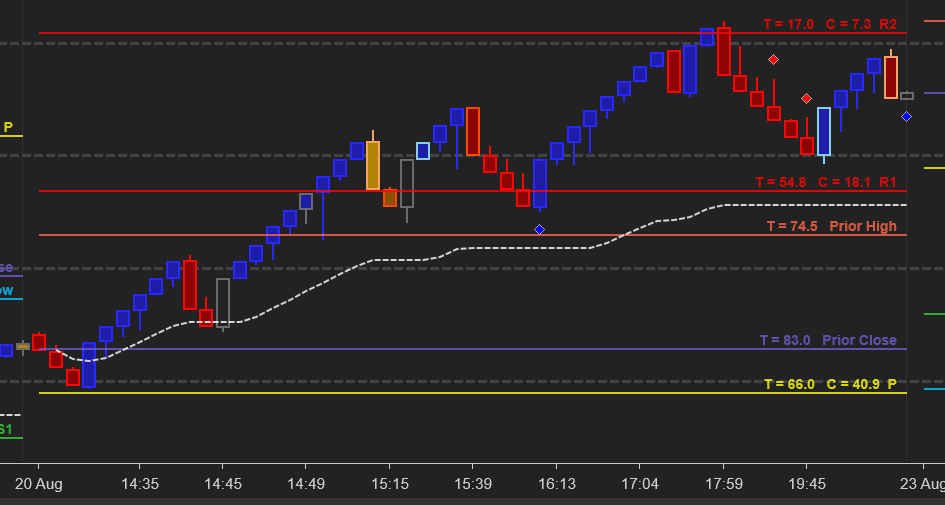 NinjaTrader chart template for YM showing selected Optimal Ninja products
