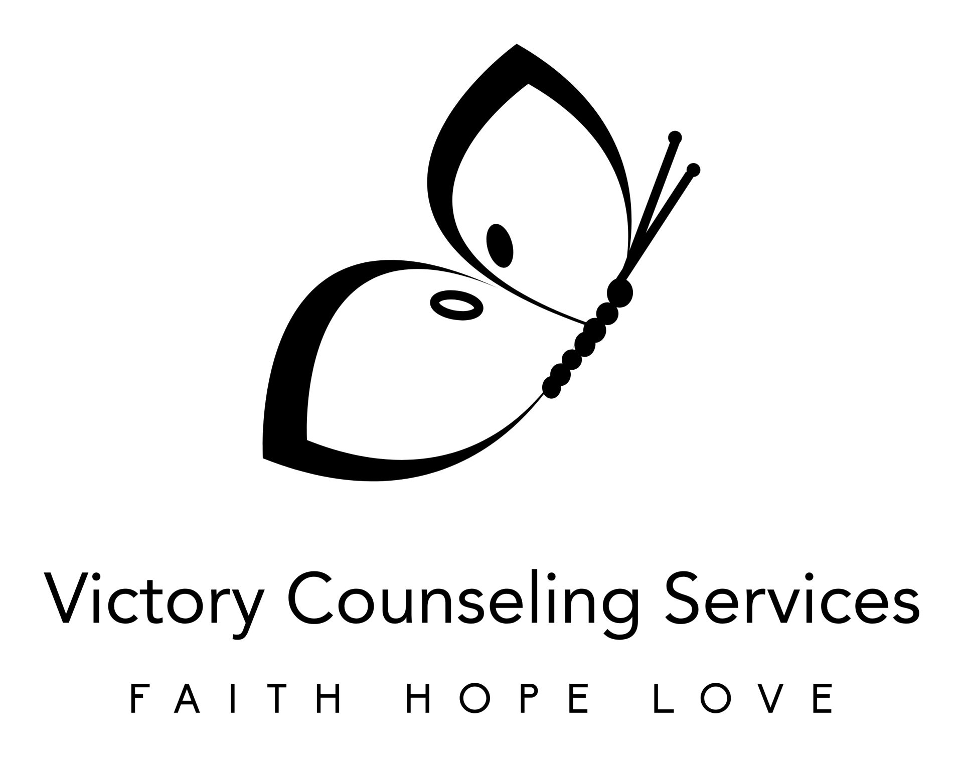 Butterfly logo above “Victory Counseling Services” with “FAITH HOPE LOVE” underneath