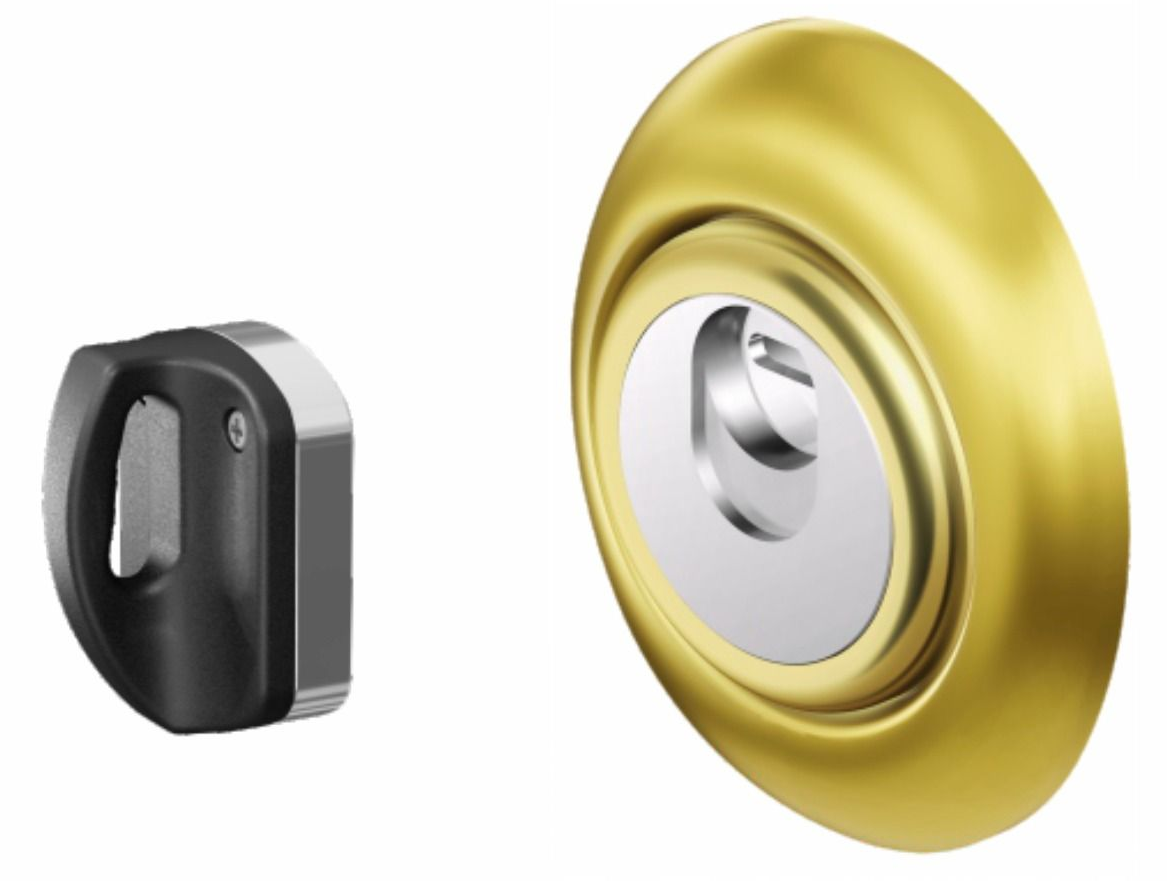 Spioncino di sicurezza per porta, in nero e oro, su sfondo bianco.