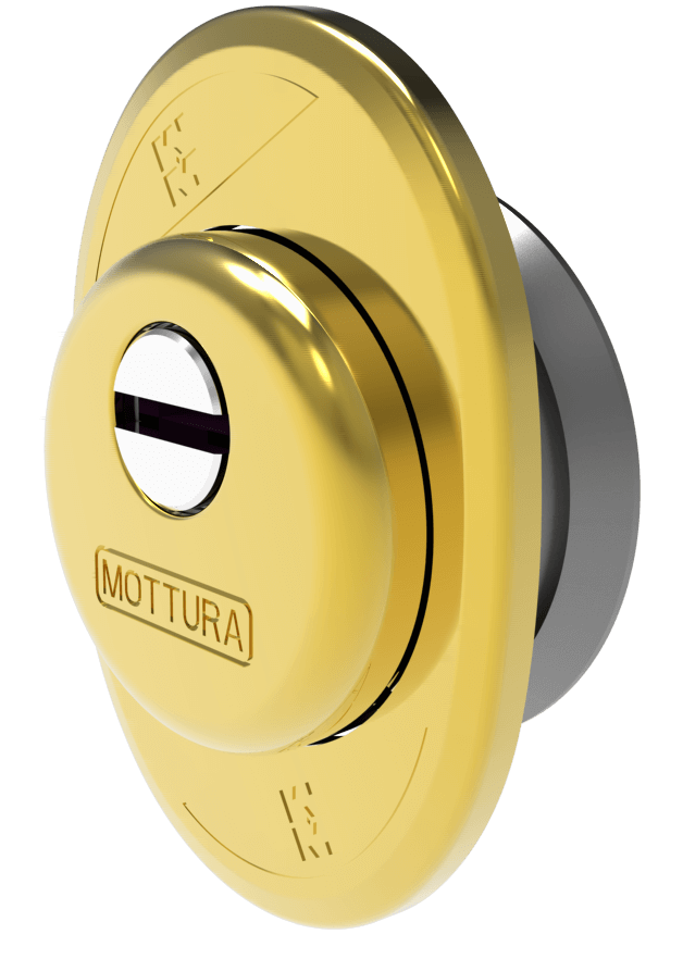 Stemma a buco di serratura in oro Mottura con cilindro scanalato bianco e nero e piastra posteriore in argento.