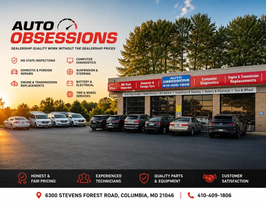 Auto Obsessions car dealership exterior with parked cars and red storefront signage at sunset | Auto Obsessions Auto Repair