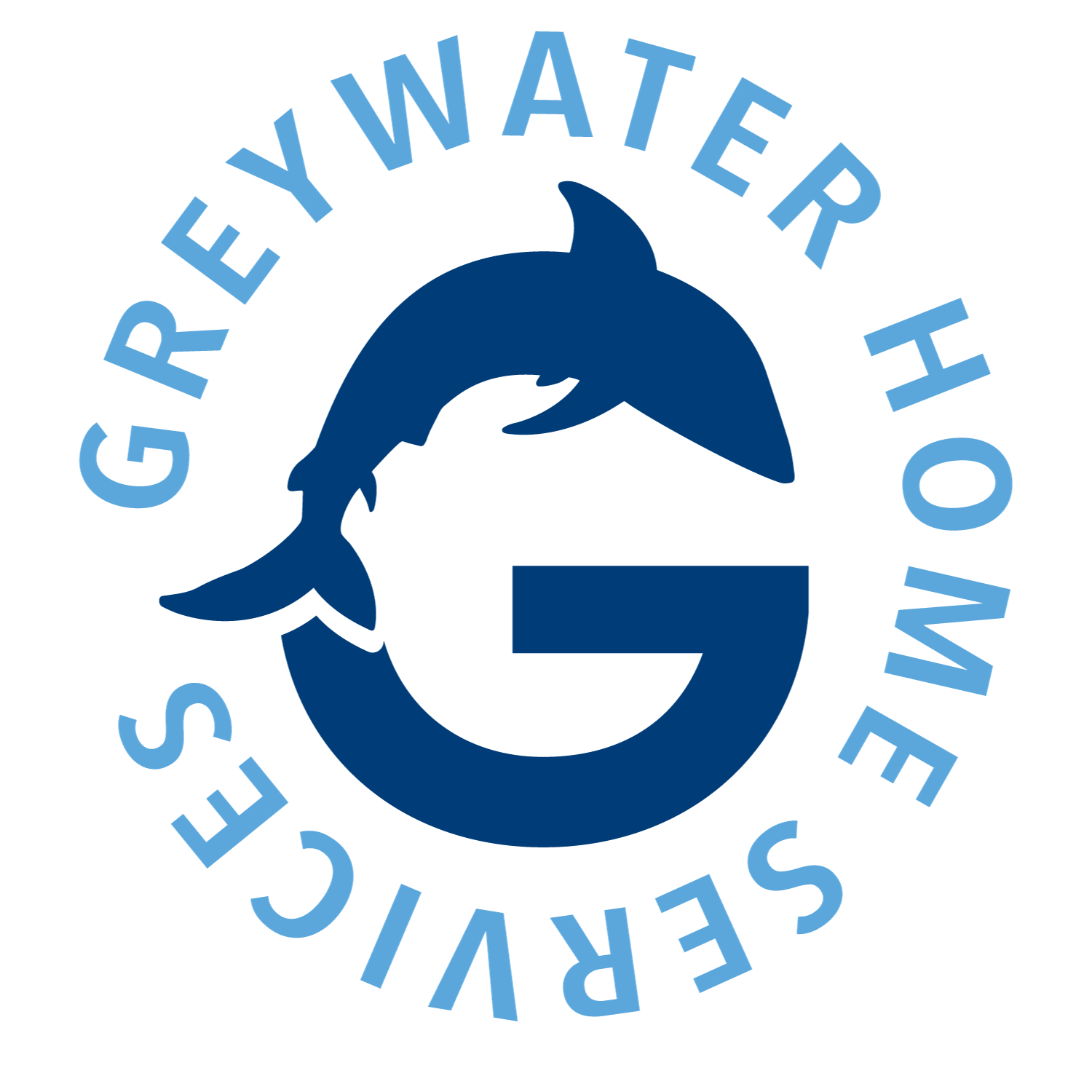 A logo for greywater home services with two dolphins in a circle