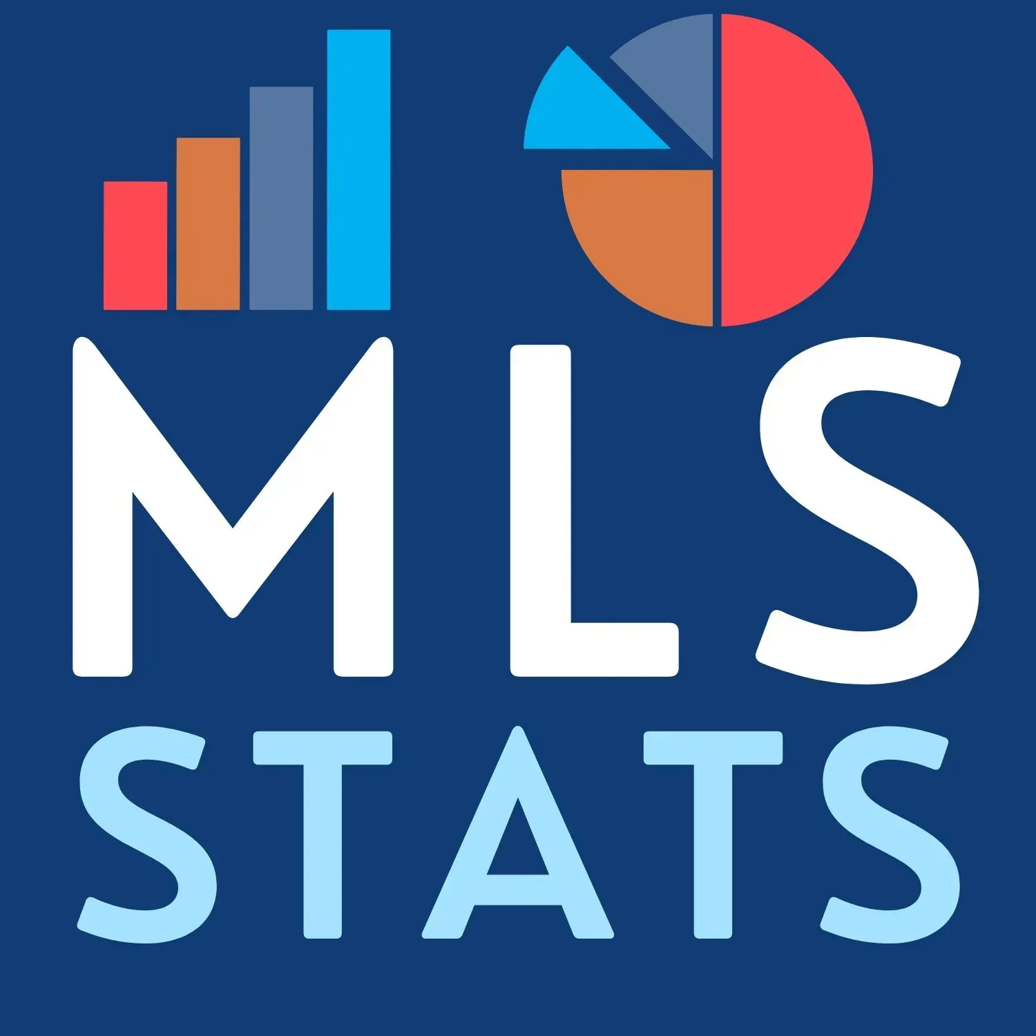 MLS Stats logo with multicolor bar and pie charts above white and light blue text on a blue background