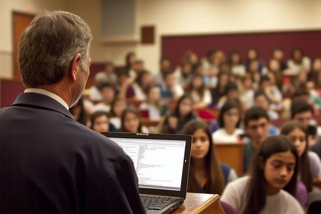 Speaker addresses a large audience in a lecture hall, viewed from behind with a laptop on the podium.