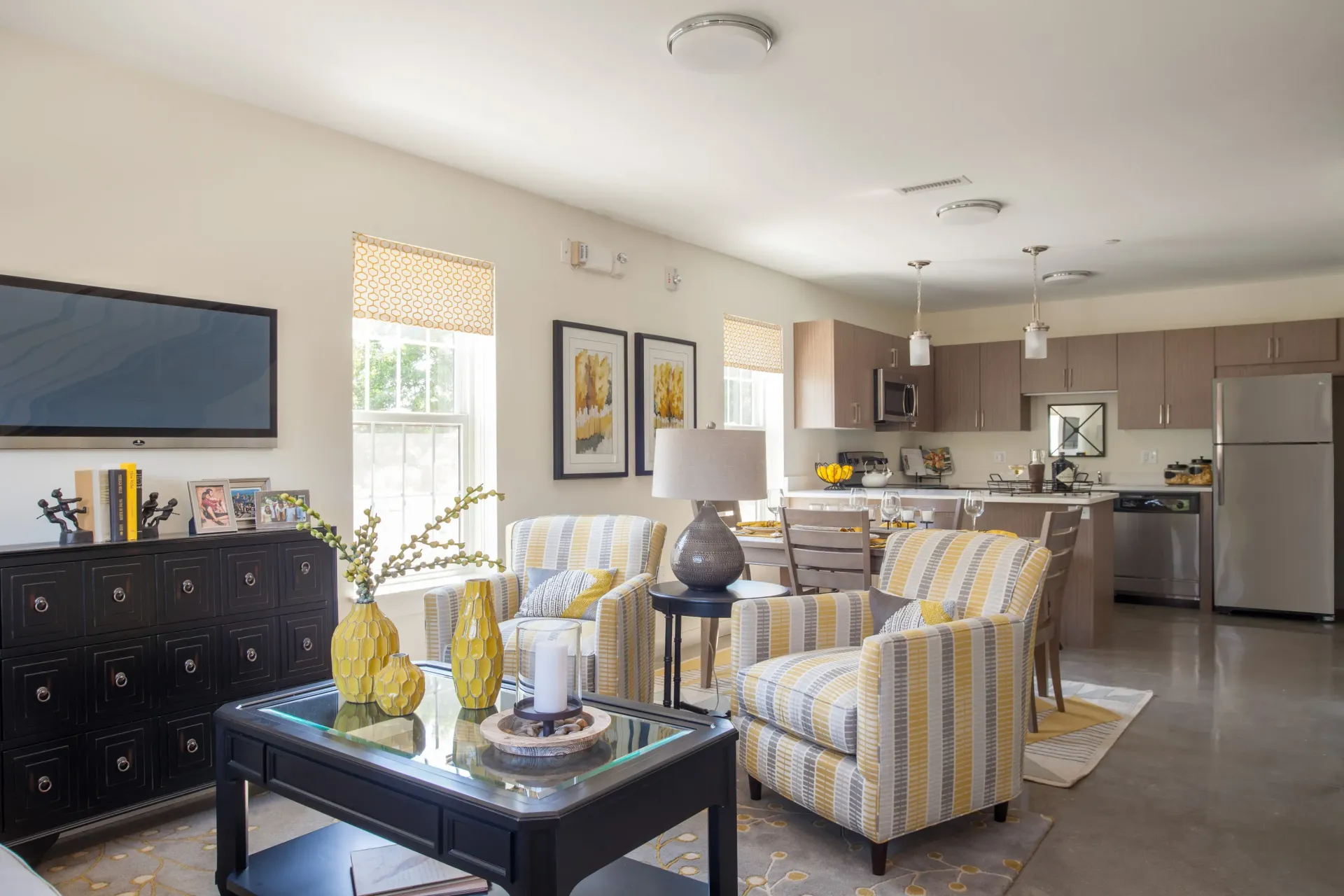 McKay apartment living room and kitchen with open floor plan.