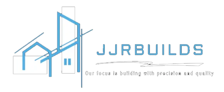 JJRBUILDS logo: abstract blue building design with text "JJRBUILDS" and tagline "Our focus is building with precision and quality".