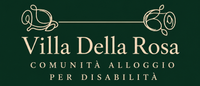 Villa Della Rosa logo on dark green background with cream text and floral line art, “Comunità alloggio per disabilità”