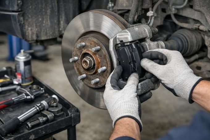 Mechanic installing a brake caliper on a car wheel with tools nearby in a repair shop