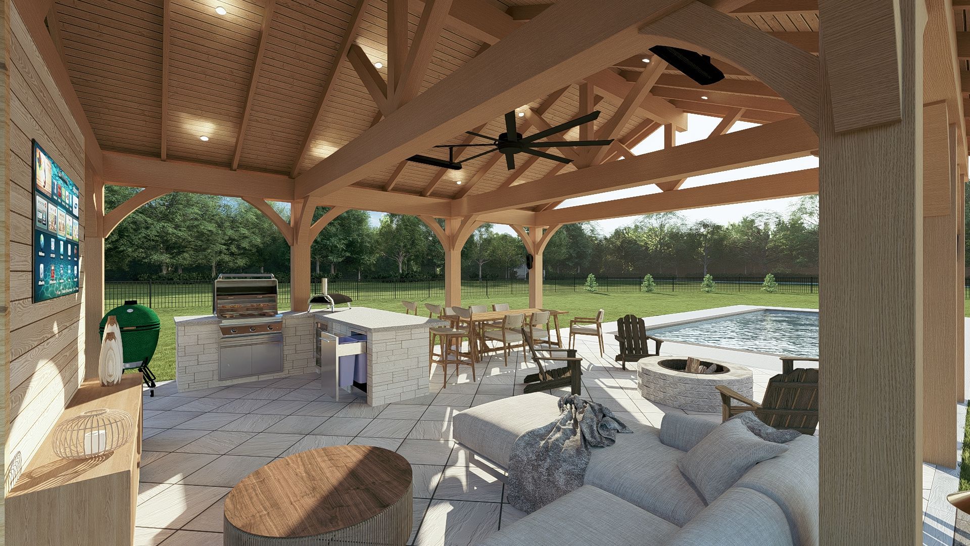 Covered outdoor patio with stone bar, seating, and ceiling fans beside a pool and wooded view