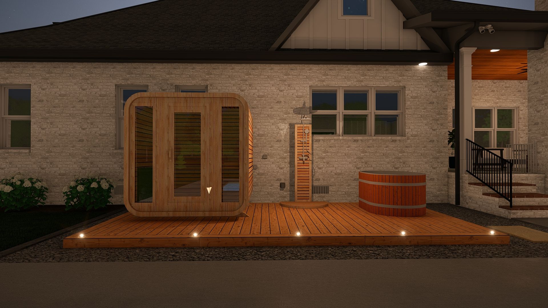 Front porch of a house with brick walls, wooden double doors, and warm exterior lighting at dusk.