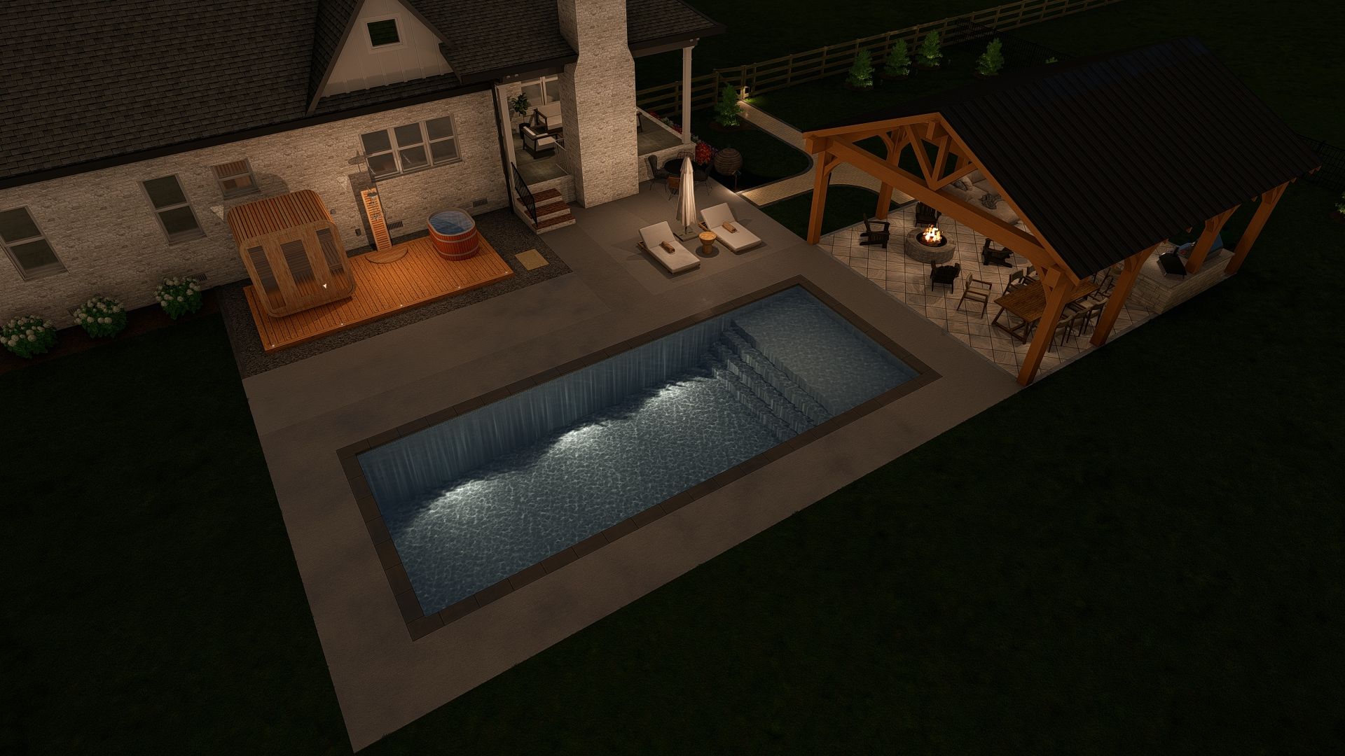 Nighttime backyard with lit pool, patio chairs, and a house exterior with a wooden pergola