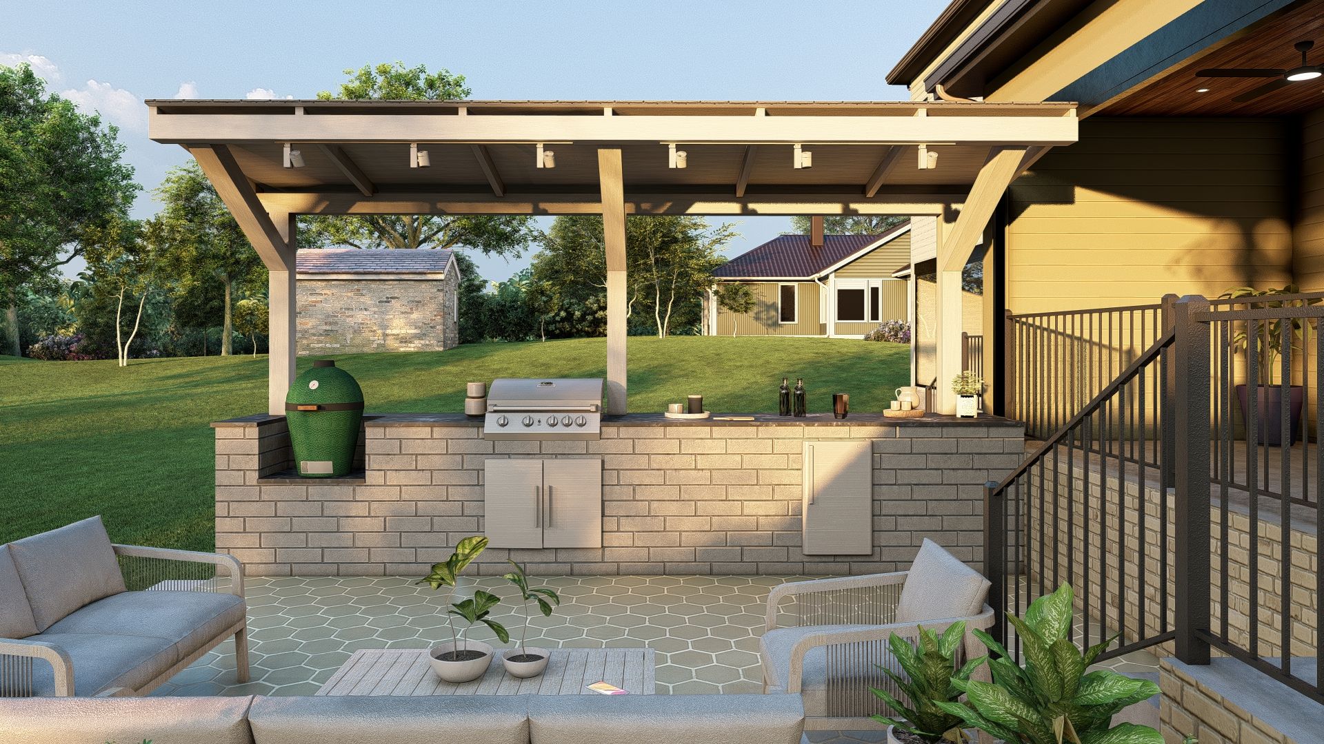 A patio with a grill , couch , chairs and a pergola.
